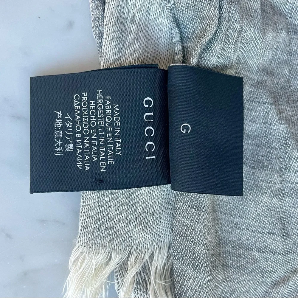 Gucci GG Lightweight wool/silk blend scarf, fringe, grey with white GGs, L, EUC - Picture 14 of 16